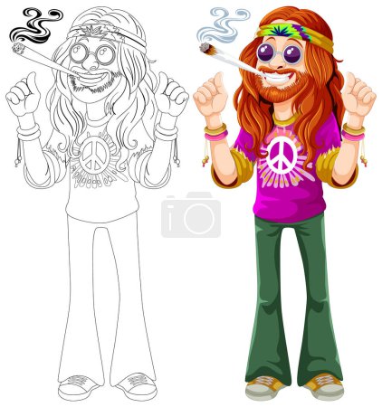 Illustration for Colorful, cheerful hippie with peace symbols and joint. - Royalty Free Image