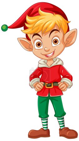 Smiling elf character dressed in holiday clothes.