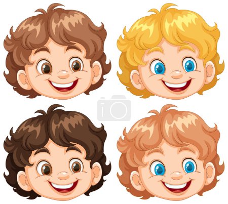 Téléchargez les illustrations : Quatre enfants heureux dessin animé avec différentes coiffures. - en licence libre de droit