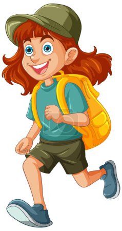 Ilustración de Chica alegre senderismo con mochila y gorra. - Imagen libre de derechos