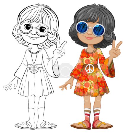 Two girls in 60s attire flashing peace signs.