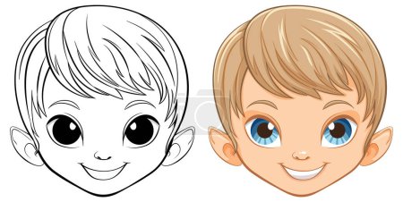 Illustration for Cartoon boy's face, black and white and colored versions. - Royalty Free Image