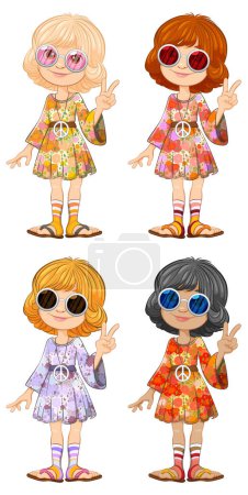 Ilustración de Cuatro diversas chicas de dibujos animados mostrando signos de paz. - Imagen libre de derechos