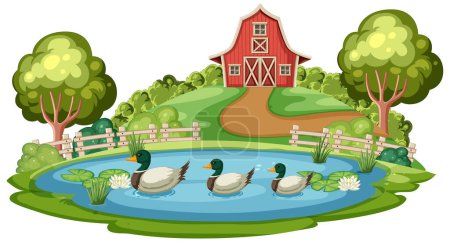 Téléchargez les photos : Illustration vectorielle de canards nageant dans un étang agricole - en image libre de droit
