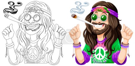 Illustration for Colorful illustration of a hippie with a peace sign. - Royalty Free Image