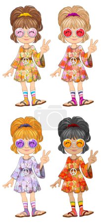 Illustration for Four girls in vintage outfits showing peace signs - Royalty Free Image