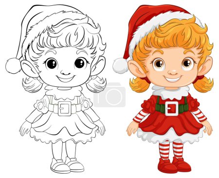 Illustration for "Vector illustration of a Christmas elf girl, colored and line art." - Royalty Free Image