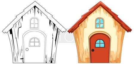 Téléchargez les illustrations : Deux étapes d'une illustration de maison, croquis à la couleur - en licence libre de droit