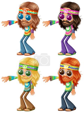 Ilustración de Cuatro personajes hippies coloridos en atuendo vintage. - Imagen libre de derechos