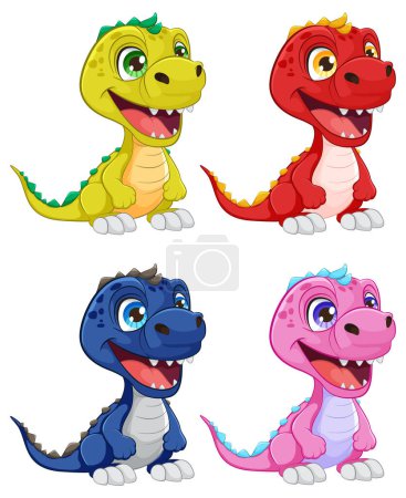 Ilustración de Cuatro dinosaurios lindos en colores vibrantes sonriendo. - Imagen libre de derechos