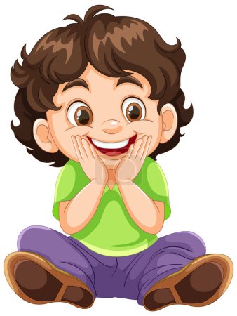 Téléchargez les illustrations : Heureux dessin animé garçon assis avec un joyeux expression - en licence libre de droit
