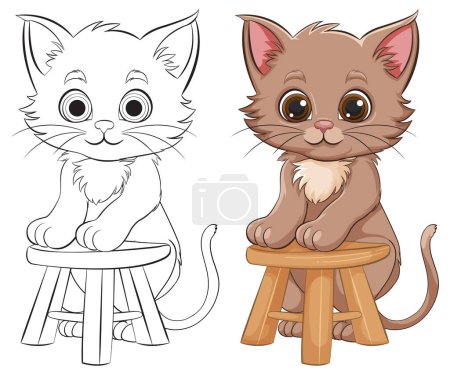 Téléchargez les illustrations : Deux chatons de dessin animé mignons assis sur des tabourets en bois. - en licence libre de droit