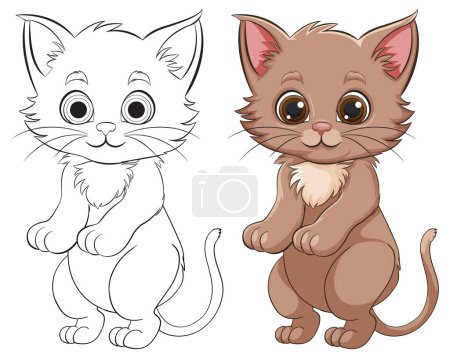Ilustración de Dos gatitos adorables, uno de color y uno delineado. - Imagen libre de derechos