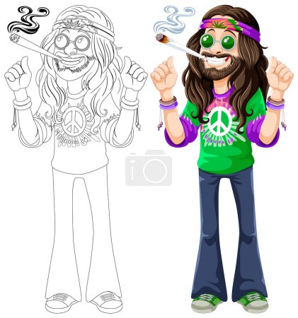 Colorful hippie with peace sign and smoke.