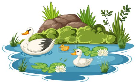 Vector illustration of ducks in a tranquil pond setting