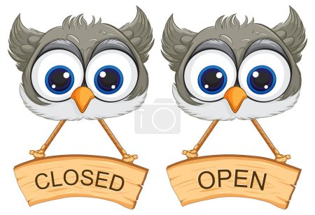 Illustration for Cartoon owls with signs showing open and closed status. - Royalty Free Image