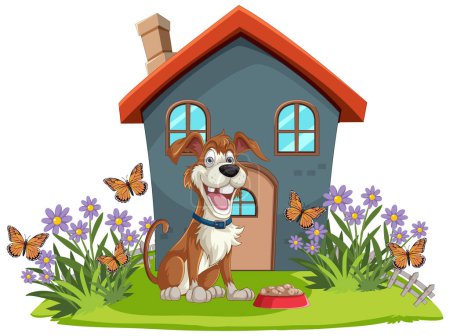 Cheerful dog with butterflies near a cozy house