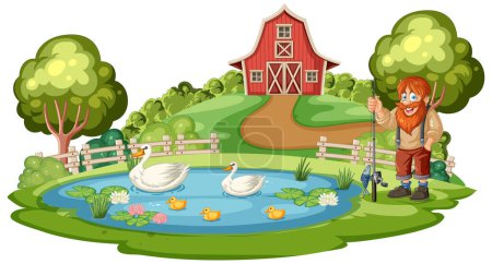 Téléchargez les photos : Illustration d'un agriculteur avec des animaux dans un étang. - en image libre de droit