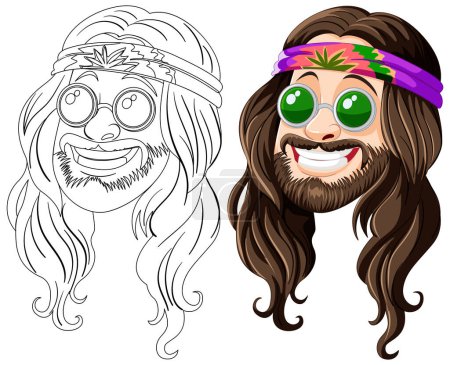 Zwei stilisierte Hippie-Gesichter mit Stirnbändern und Brille.