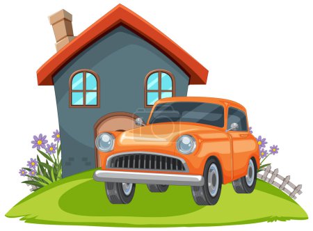 Téléchargez les illustrations : Dessin animé d'une voiture classique garée près d'une petite maison - en licence libre de droit