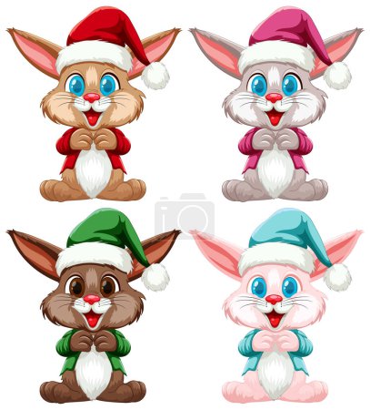 Téléchargez les illustrations : Quatre lapins mignons habillés en tenue de Noël. - en licence libre de droit