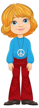 Ilustración de Chica de dibujos animados sonriendo, llevando collar símbolo de la paz. - Imagen libre de derechos