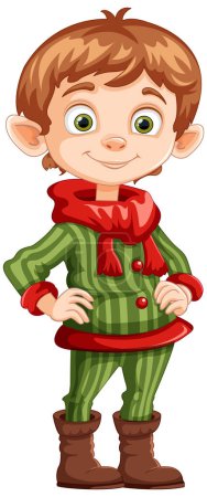 Cheerful elf character in holiday-themed outfit.