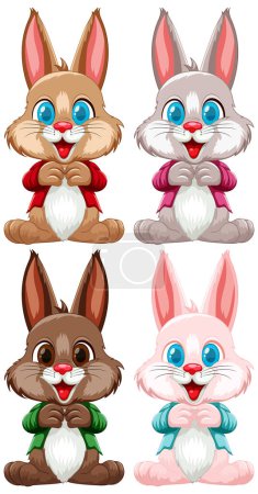 Four cute bunnies with different colored clothes.