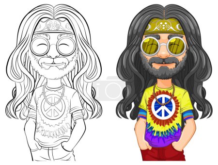 Ilustración de Colorido hippie con signo de paz y camisa tie-dye. - Imagen libre de derechos