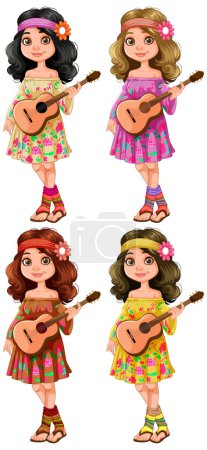 Cuatro chicas de dibujos animados jugando ukeleles en vestidos florales.