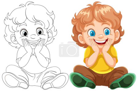 Ilustración de Arte colorido y lineal de un niño feliz y sentado - Imagen libre de derechos