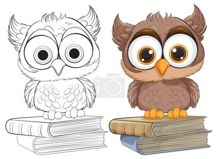 Two cartoon owls perched on stacked books