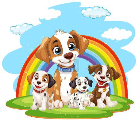 Téléchargez les illustrations : Quatre chiens de dessin animé souriant sous un arc-en-ciel coloré - en licence libre de droit