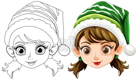 Téléchargez les illustrations : Versions d'art coloré et en ligne d'une fille elfe de Noël. - en licence libre de droit