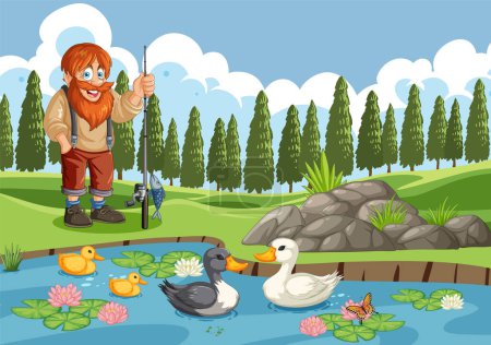 Téléchargez les illustrations : Heureux pêcheur avec des canards dans un étang serein - en licence libre de droit