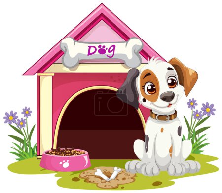 Illustration for Cartoon puppy sitting by its colorful doghouse - Royalty Free Image