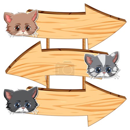 Téléchargez les illustrations : Trois chatons sur des flèches en bois pointant de différentes façons - en licence libre de droit