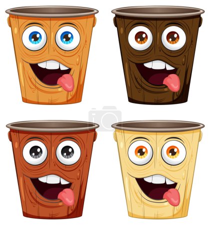 Illustration for Four cartoon plant pots with lively facial expressions. - Royalty Free Image