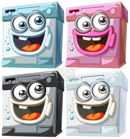 Téléchargez les illustrations : Quatre machines à laver colorées et gaies souriantes. - en licence libre de droit