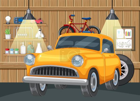 Ilustración de Colorido vector ilustración de un coche clásico y bicicleta - Imagen libre de derechos