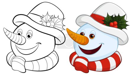 Téléchargez les illustrations : Deux bonhommes de neige joyeux portant des chapeaux et des écharpes de vacances. - en licence libre de droit
