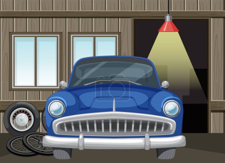 Ilustración de Coche azul clásico bajo mantenimiento en un garaje de madera - Imagen libre de derechos