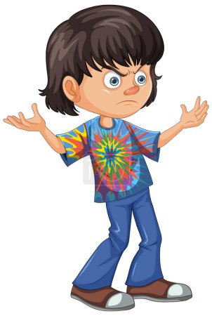 Cartoon boy with a puzzled expression standing.