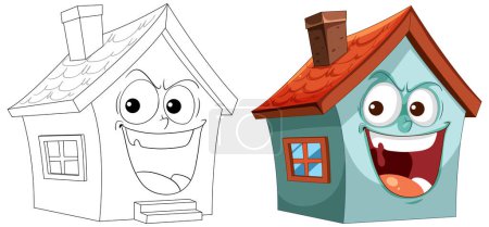 Ilustración de Dos casas animadas mostrando expresiones alegres. - Imagen libre de derechos