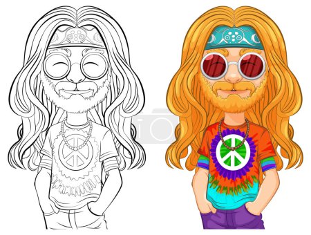 Colorido y línea de arte hippie personaje con símbolo de la paz.
