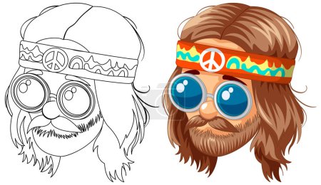 Ilustraciones coloridas y de cabeza hippie en blanco y negro.