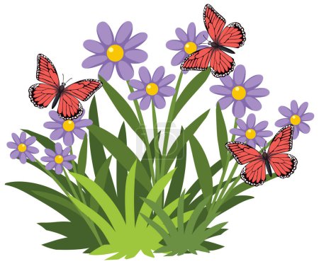 Téléchargez les illustrations : Papillons colorés perchés sur des fleurs violettes vibrantes - en licence libre de droit