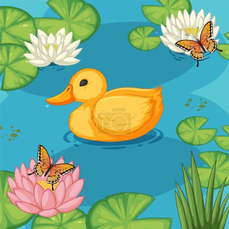 Téléchargez les illustrations : Canard en caoutchouc parmi les lys et les papillons illustration - en licence libre de droit