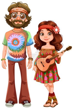 Cartoon hippies with colorful clothing and guitar.