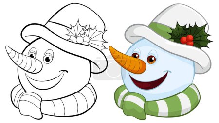 Téléchargez les illustrations : Deux bonhommes de neige joyeux avec des chapeaux d'hiver festifs. - en licence libre de droit